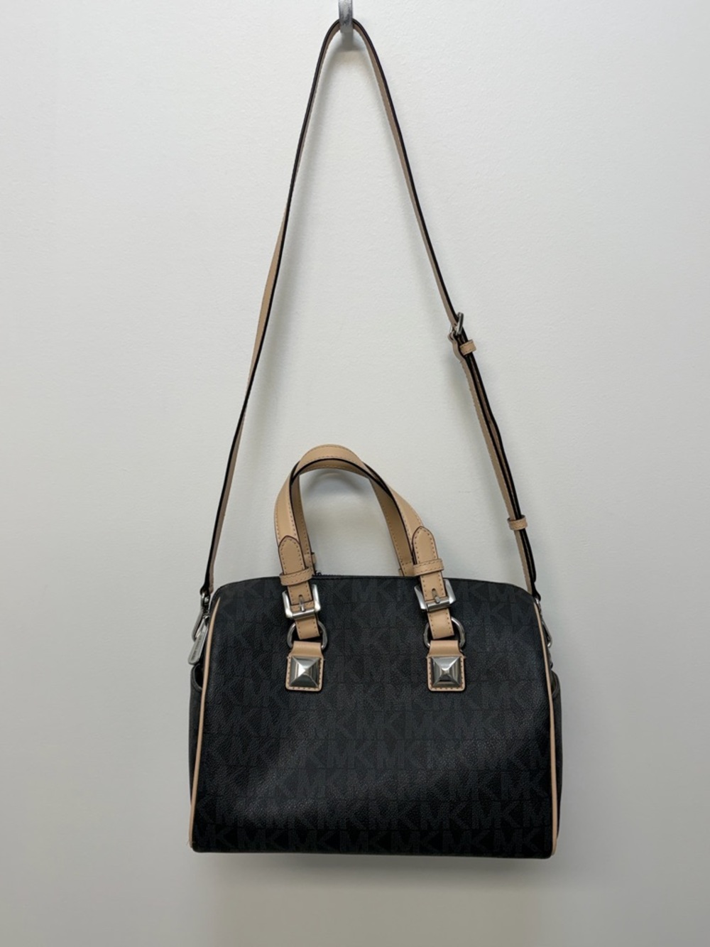 Michael Kors Black Logo Satchel with Tan Handles